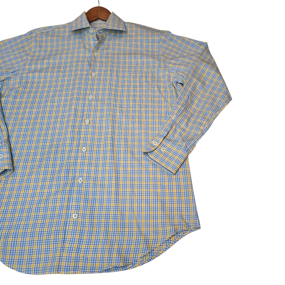 Peter Millar 100% Cotton Button Up L/S Shirt Yellow/Blue Plaid Check, Men's Sz M - Picture 5 of 11